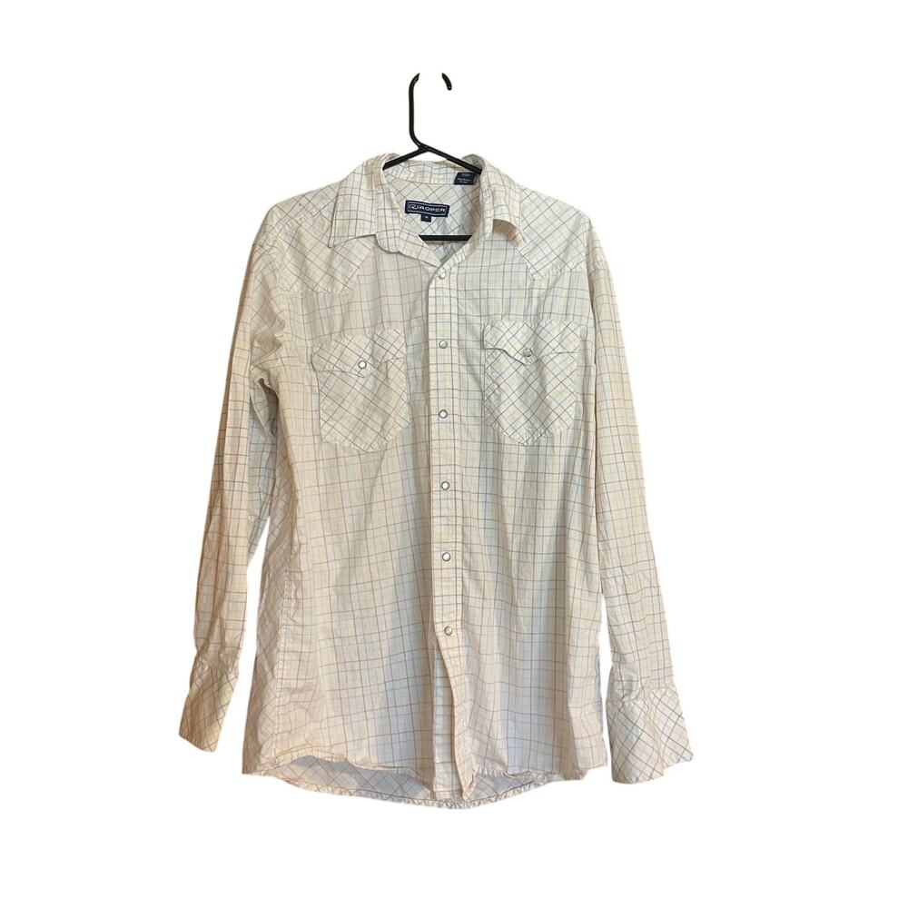 Roper Western Shirt Mens M Plaid Pearl Snap Long Sleeve Pastel Blue Tan Yellow